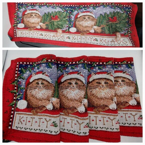 Tapestry Kitty Klaus Christmas Cat 4 Placemats & 1 Table Runner READ - Picture 1 of 12